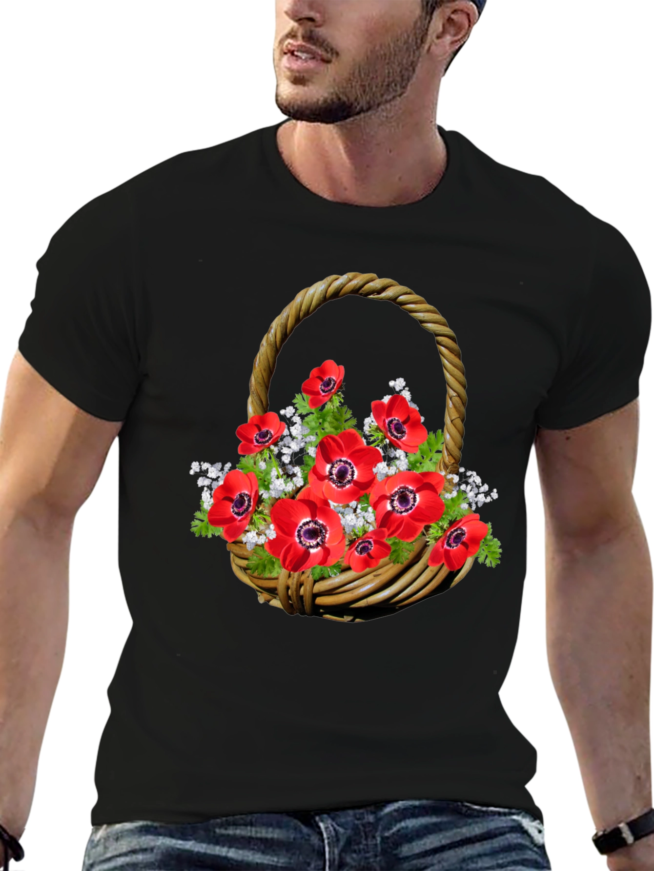 Camiseta Negra con Diseño Floral en Cesta Tejida