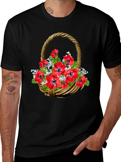 Camiseta Negra con Diseño Floral en Cesta Tejida