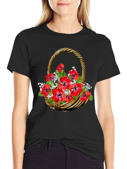 Camiseta Negra con Diseño Floral en Cesta Tejida