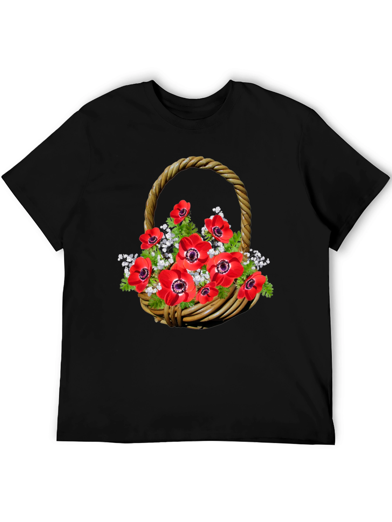 Camiseta Negra con Diseño Floral en Cesta Tejida