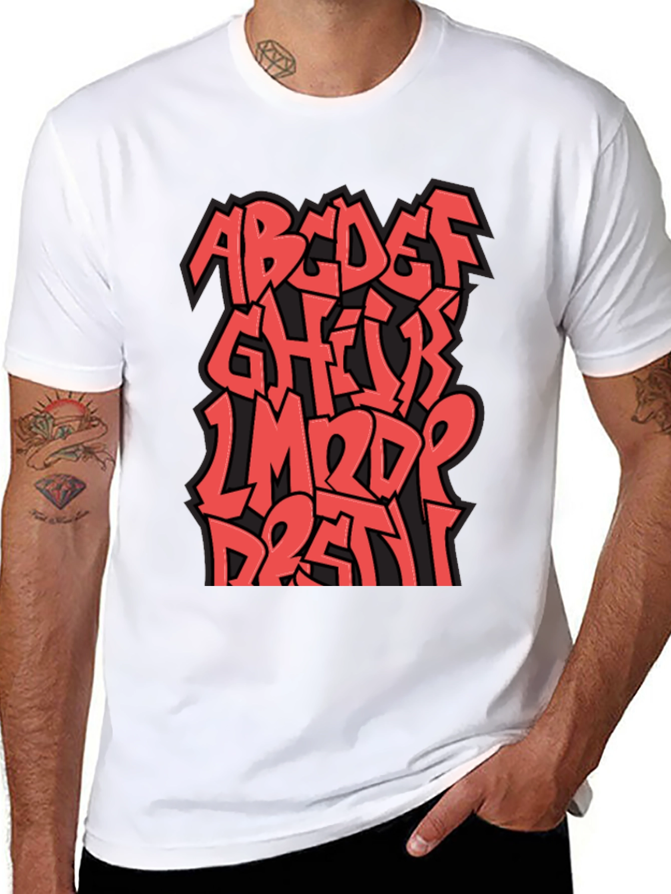 Camiseta Negra con Diseño Alfabeto Graffiti Rojo