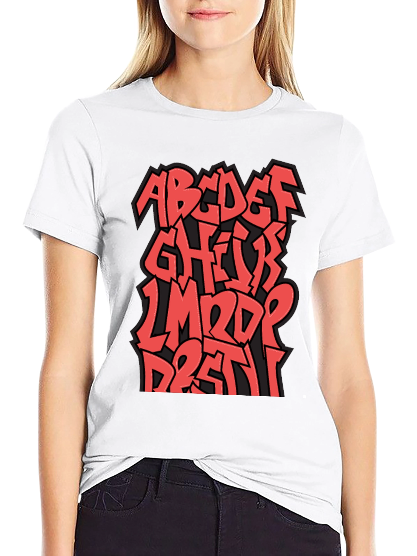 Camiseta Negra con Diseño Alfabeto Graffiti Rojo