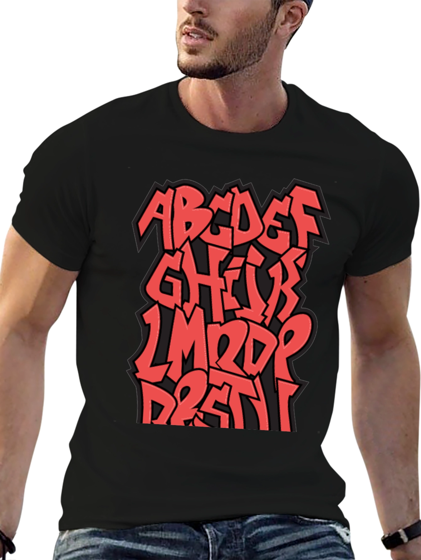 Camiseta Negra con Diseño Alfabeto Graffiti Rojo