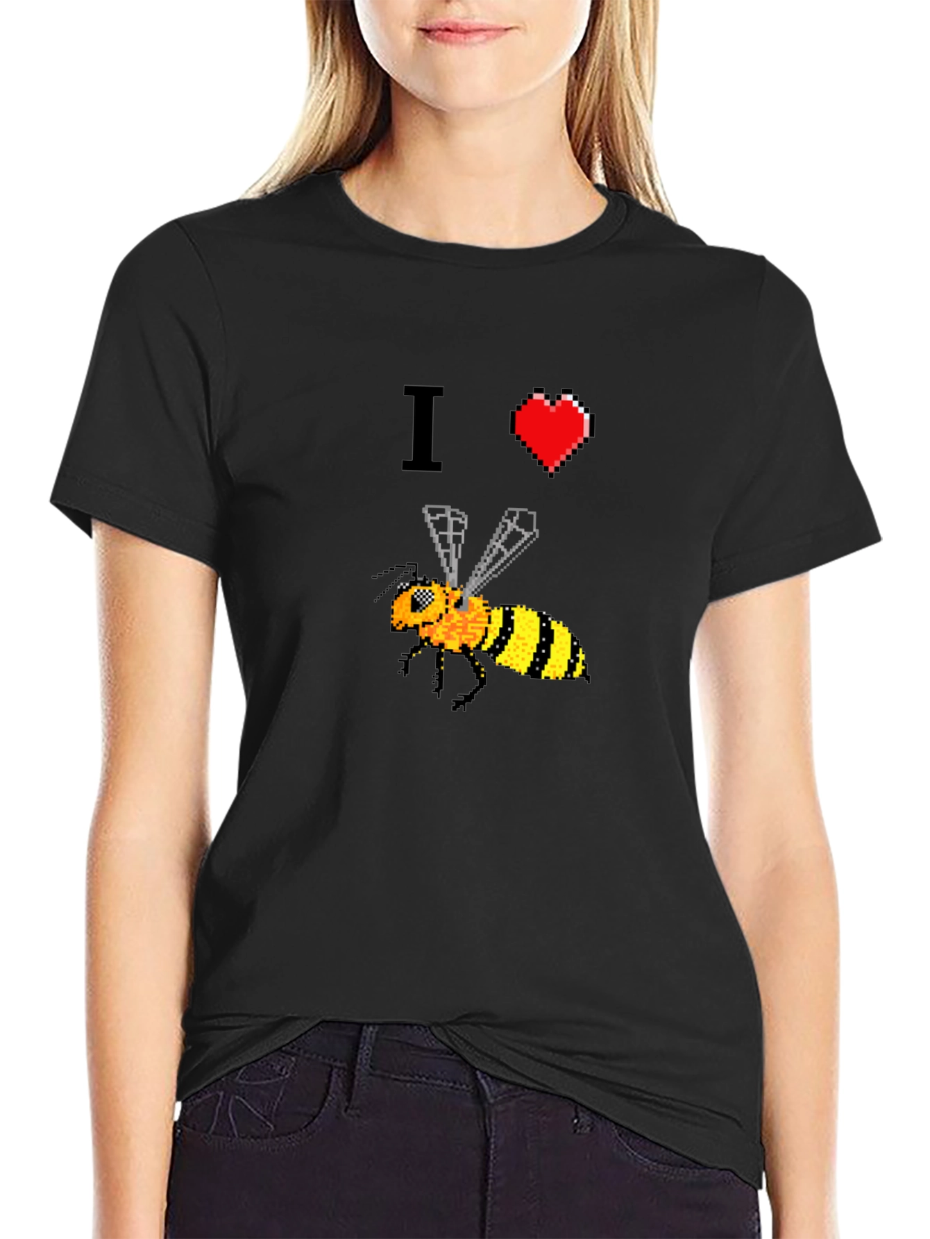 Camiseta Negra con Diseño Abeja Pixelada I ❤️ Bees