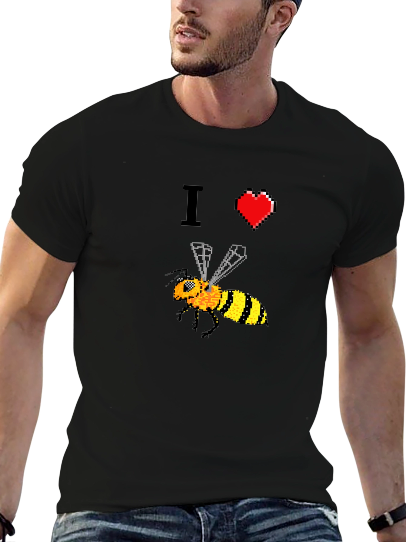 Camiseta Negra con Diseño Abeja Pixelada I ❤️ Bees