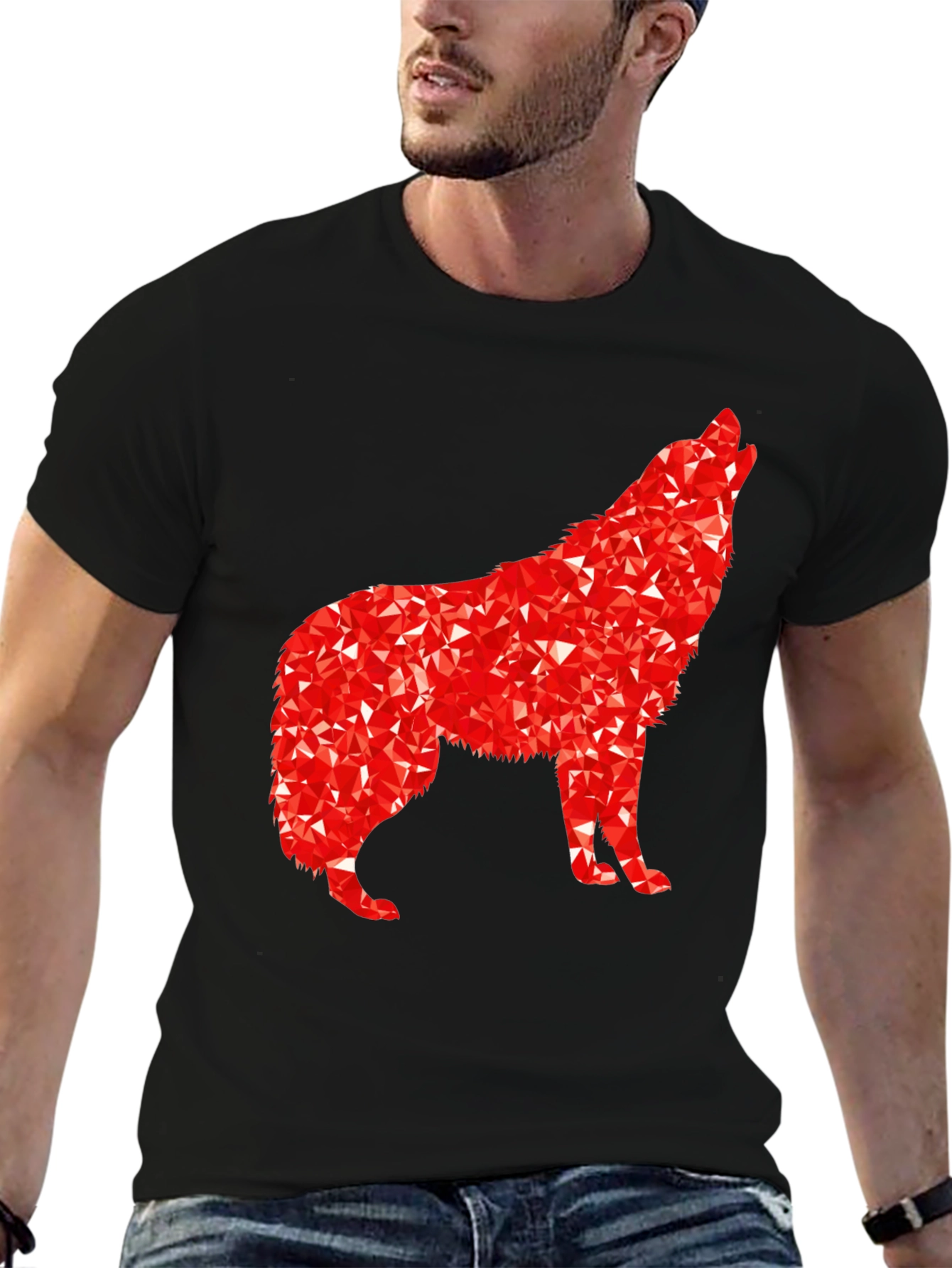 Camiseta Negra con Lobo Rojo Abstracto