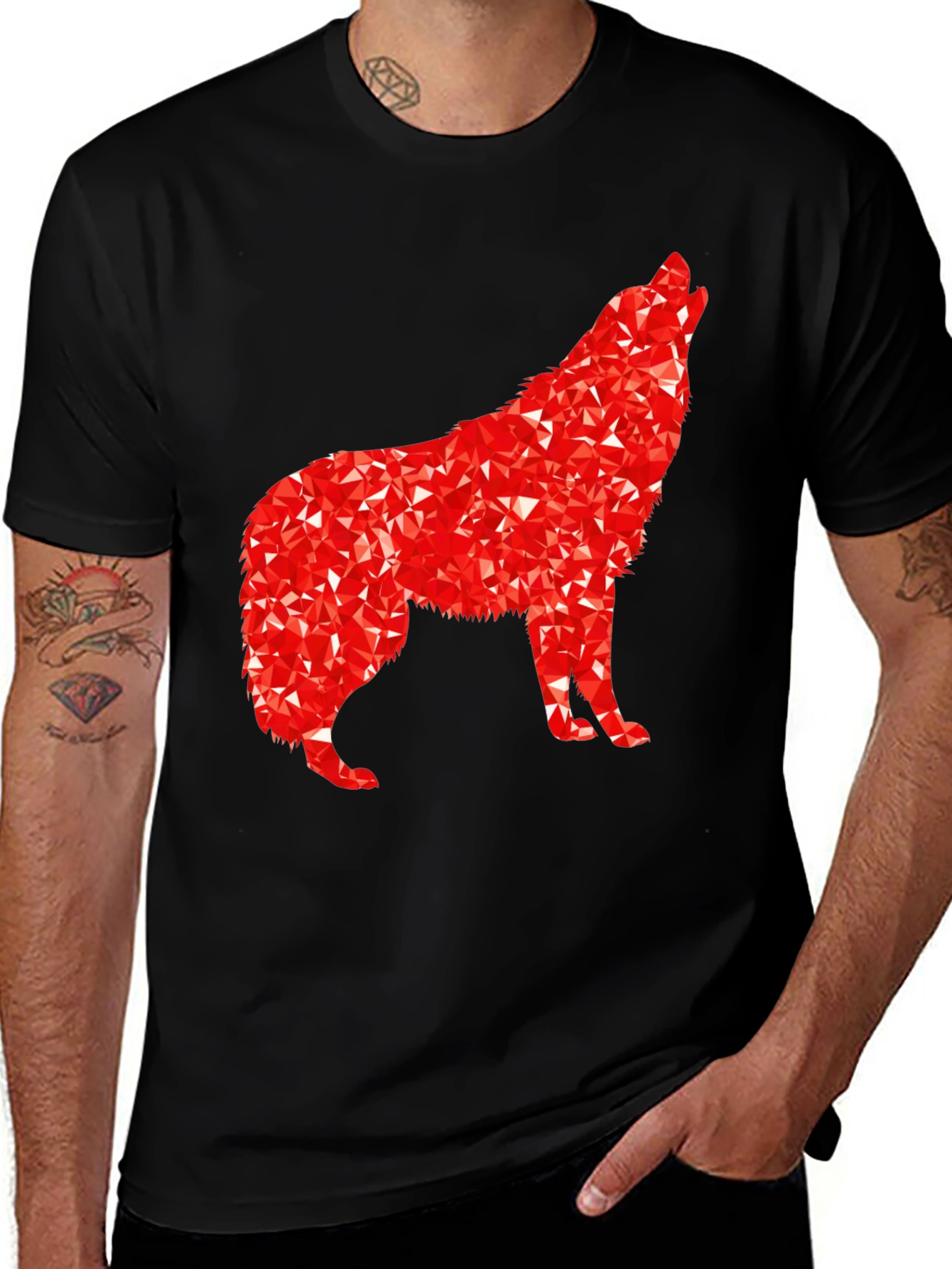 Camiseta Negra con Lobo Rojo Abstracto