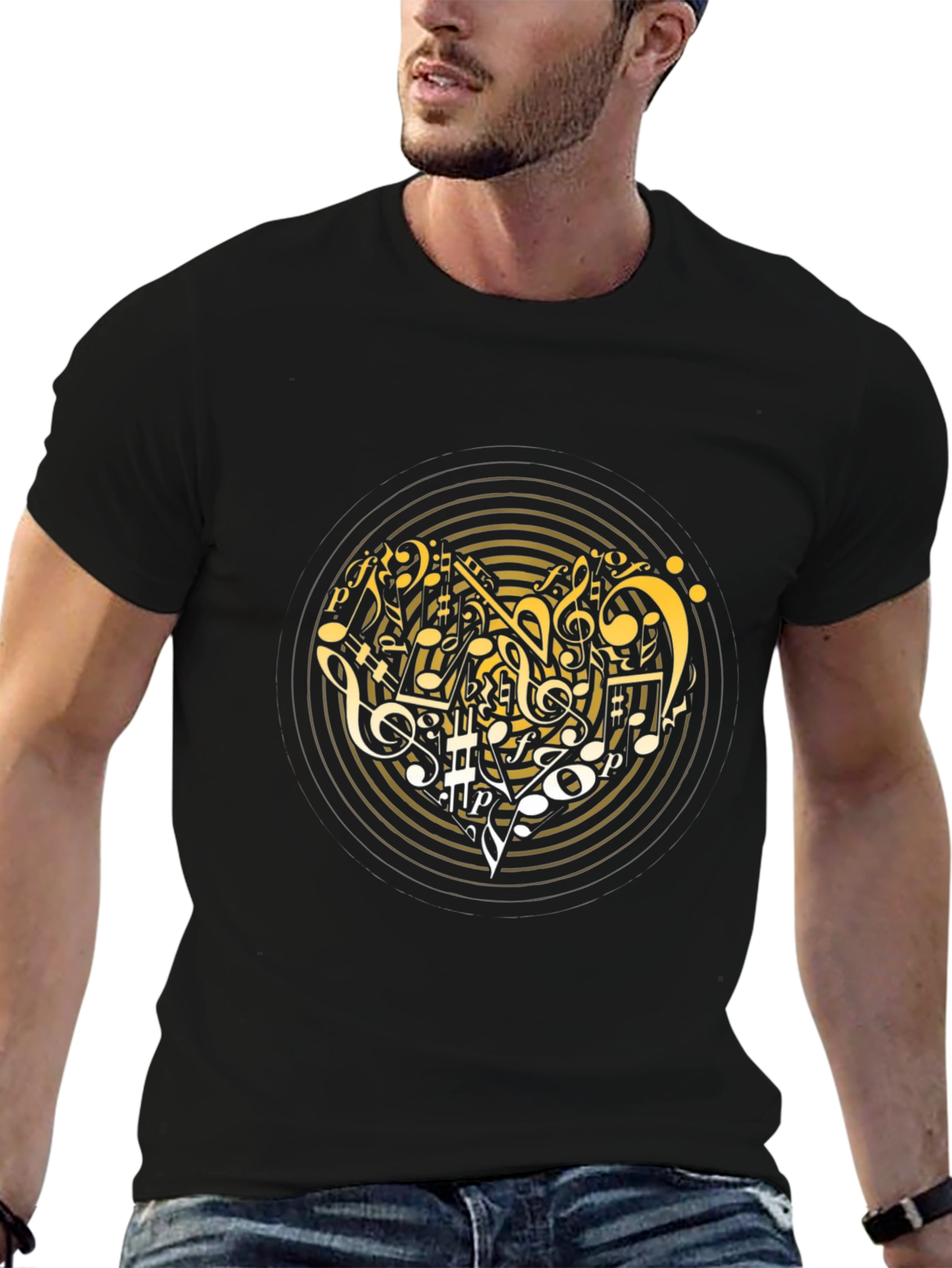Camiseta Negra con Diseño Musical Dorado
