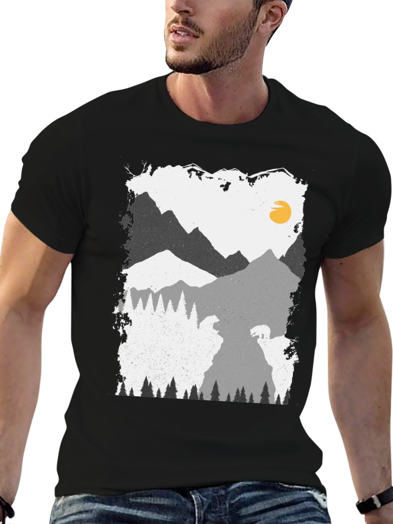Camiseta Negra con Diseño de Montaña y Oso