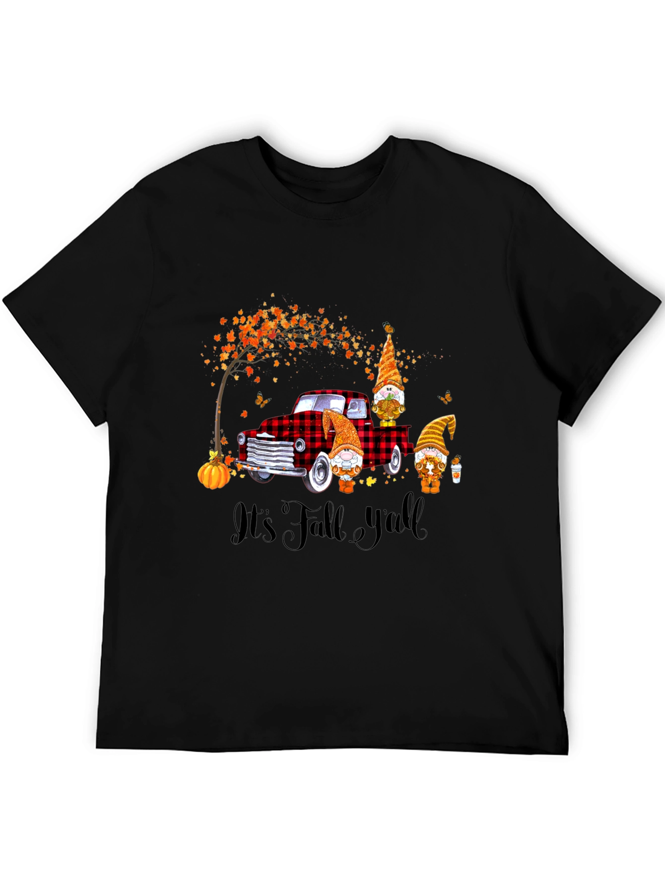 Camiseta Negra con Diseño de Otoño y Gnomos