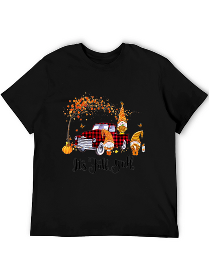 Camiseta Negra con Diseño de Otoño y Gnomos