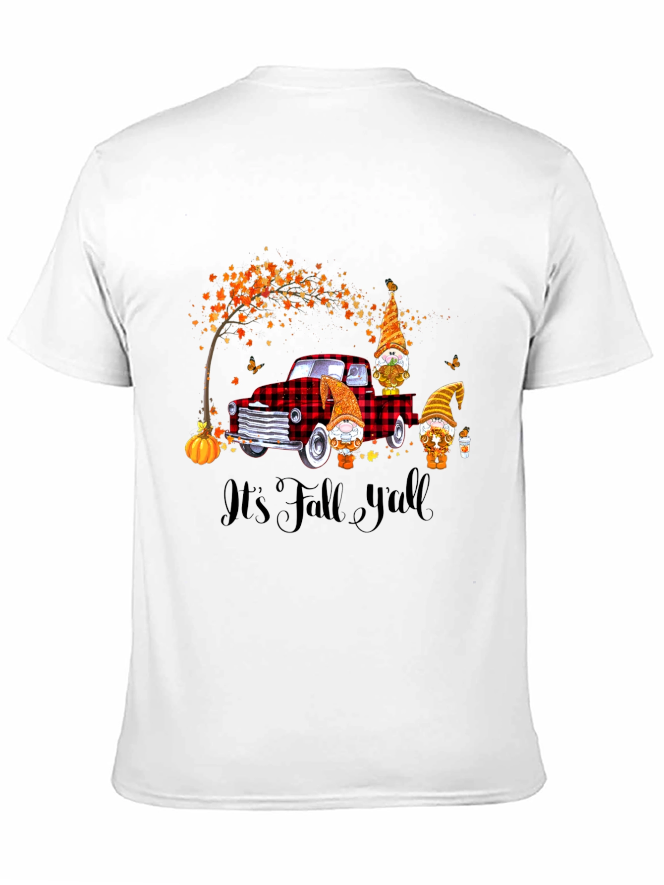 Camiseta Negra con Diseño de Otoño y Gnomos