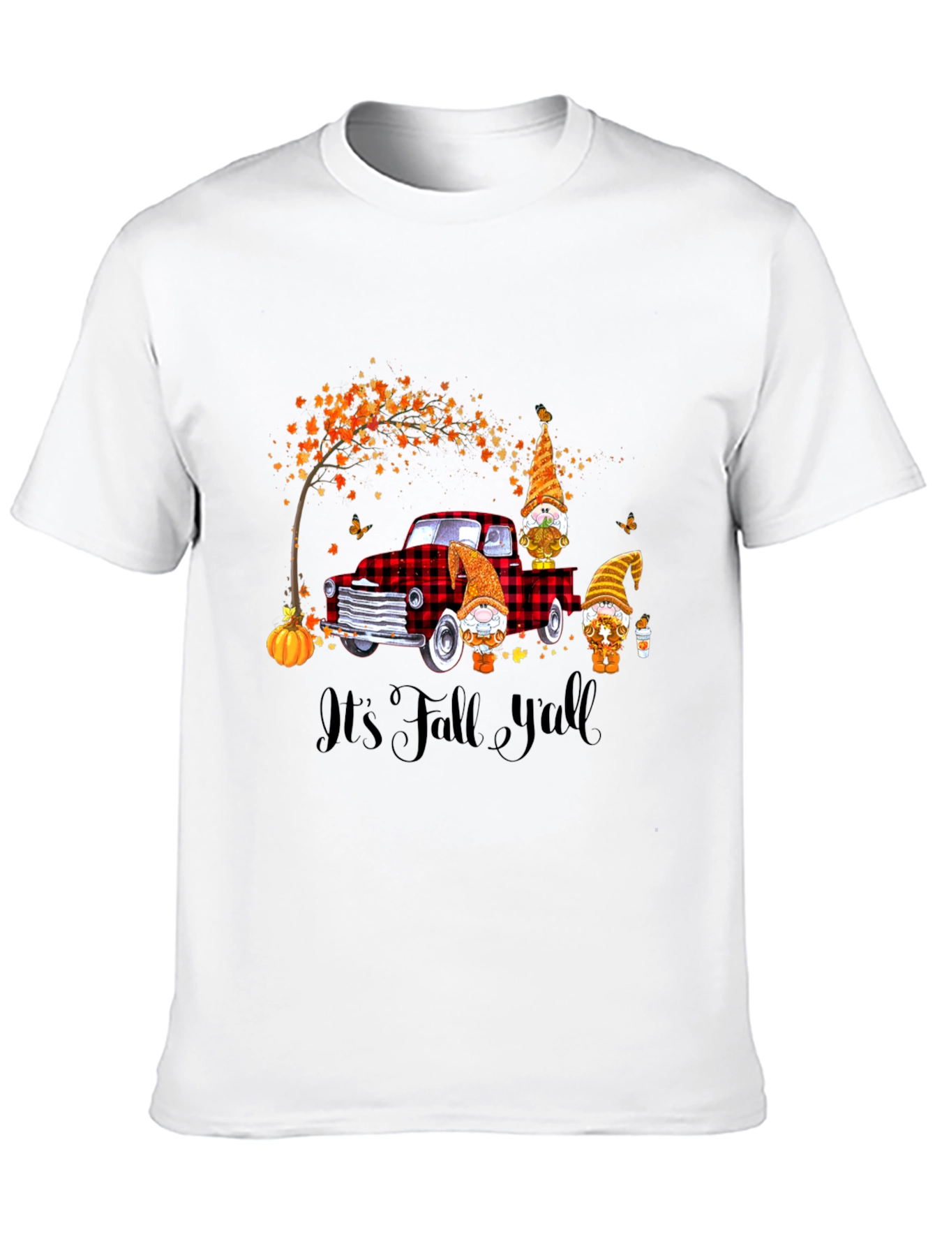 Camiseta Negra con Diseño de Otoño y Gnomos