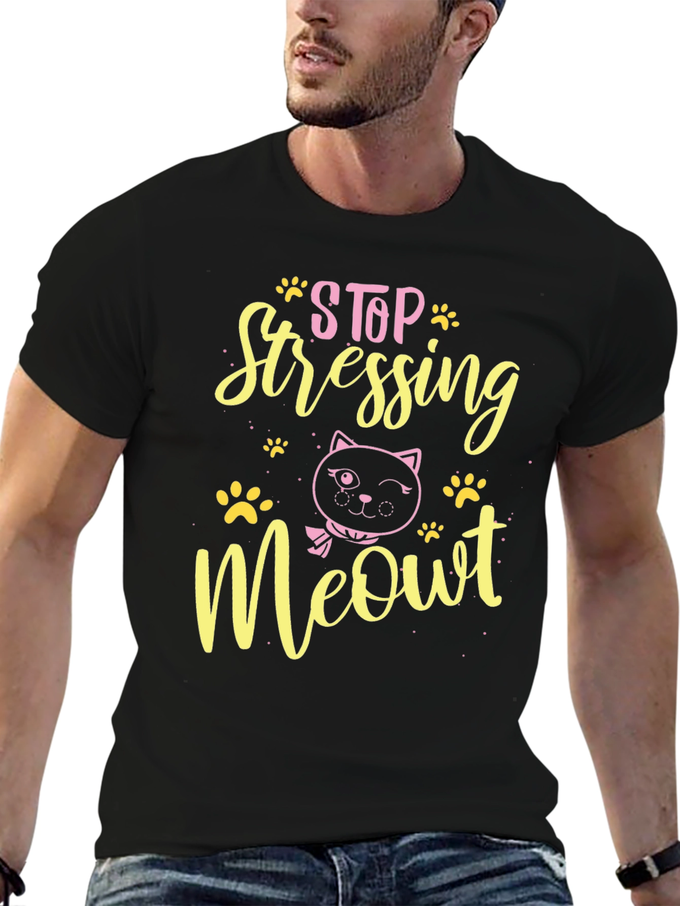 Camiseta Negra con Diseño de Gato Stop Stressing Meowt