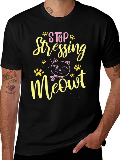 Camiseta Negra con Diseño de Gato Stop Stressing Meowt