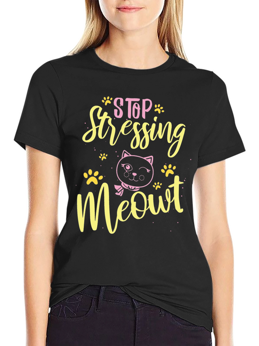 Camiseta Negra con Diseño de Gato Stop Stressing Meowt