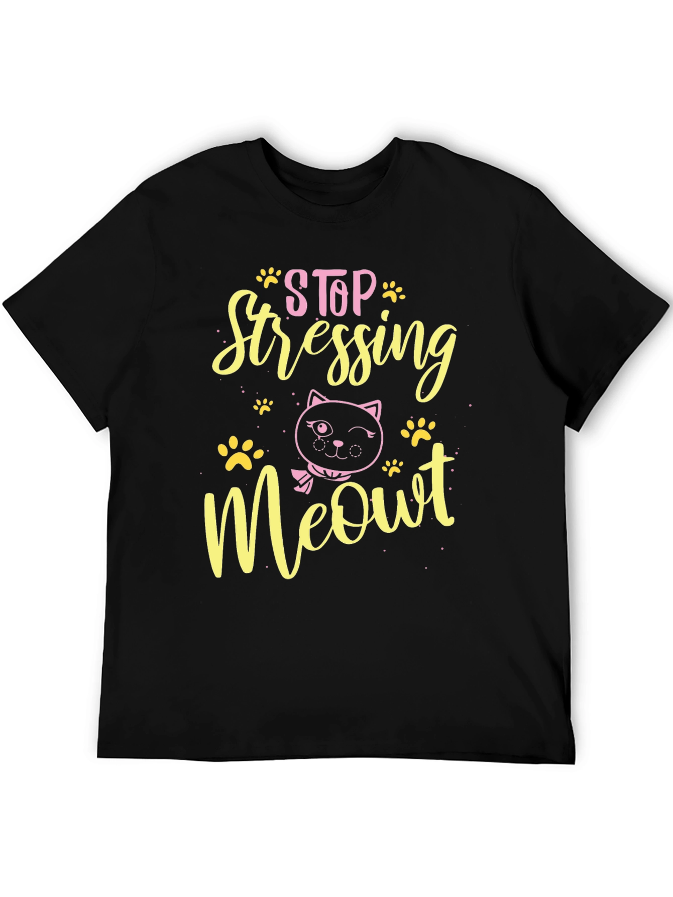 Camiseta Negra con Diseño de Gato Stop Stressing Meowt