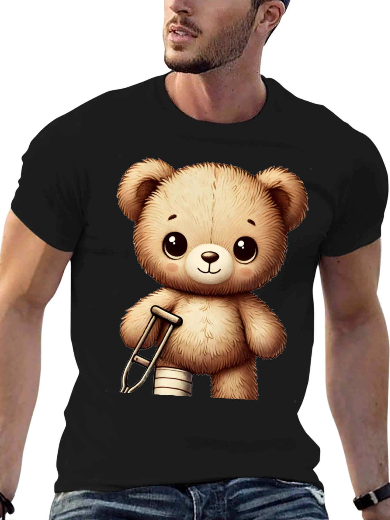 Camiseta Negra con Diseño de Oso de Peluche Lindo