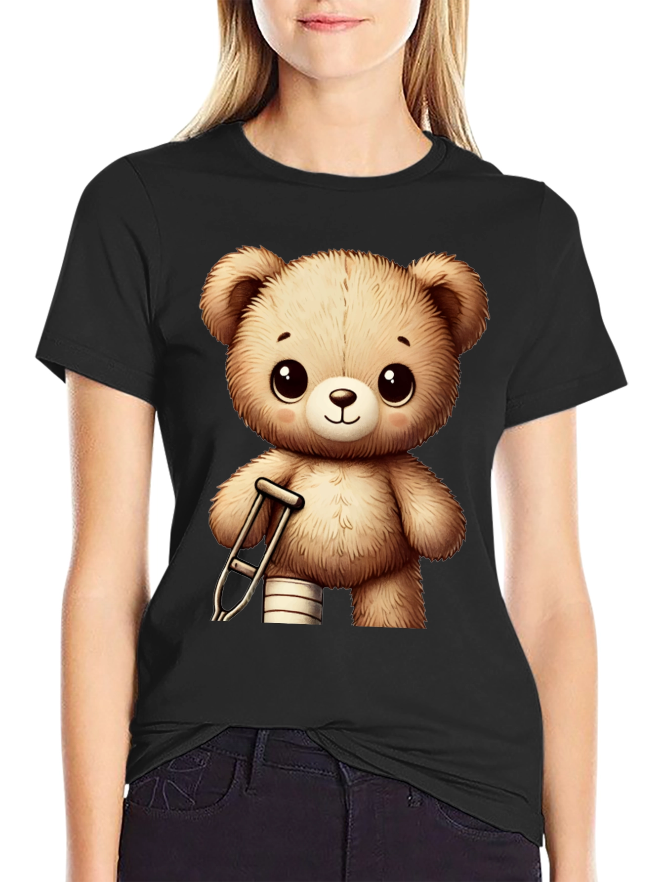 Camiseta Negra con Diseño de Oso de Peluche Lindo