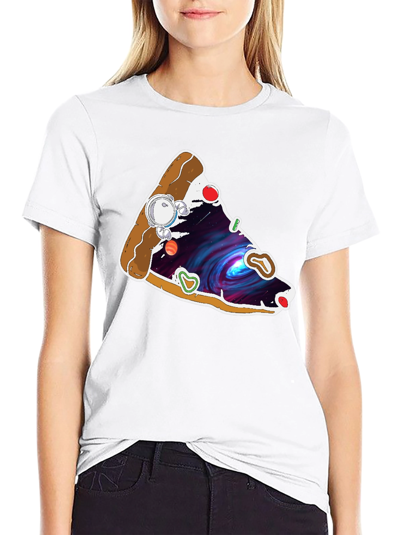 Camiseta Negra con Estampado de Pizza Cósmica