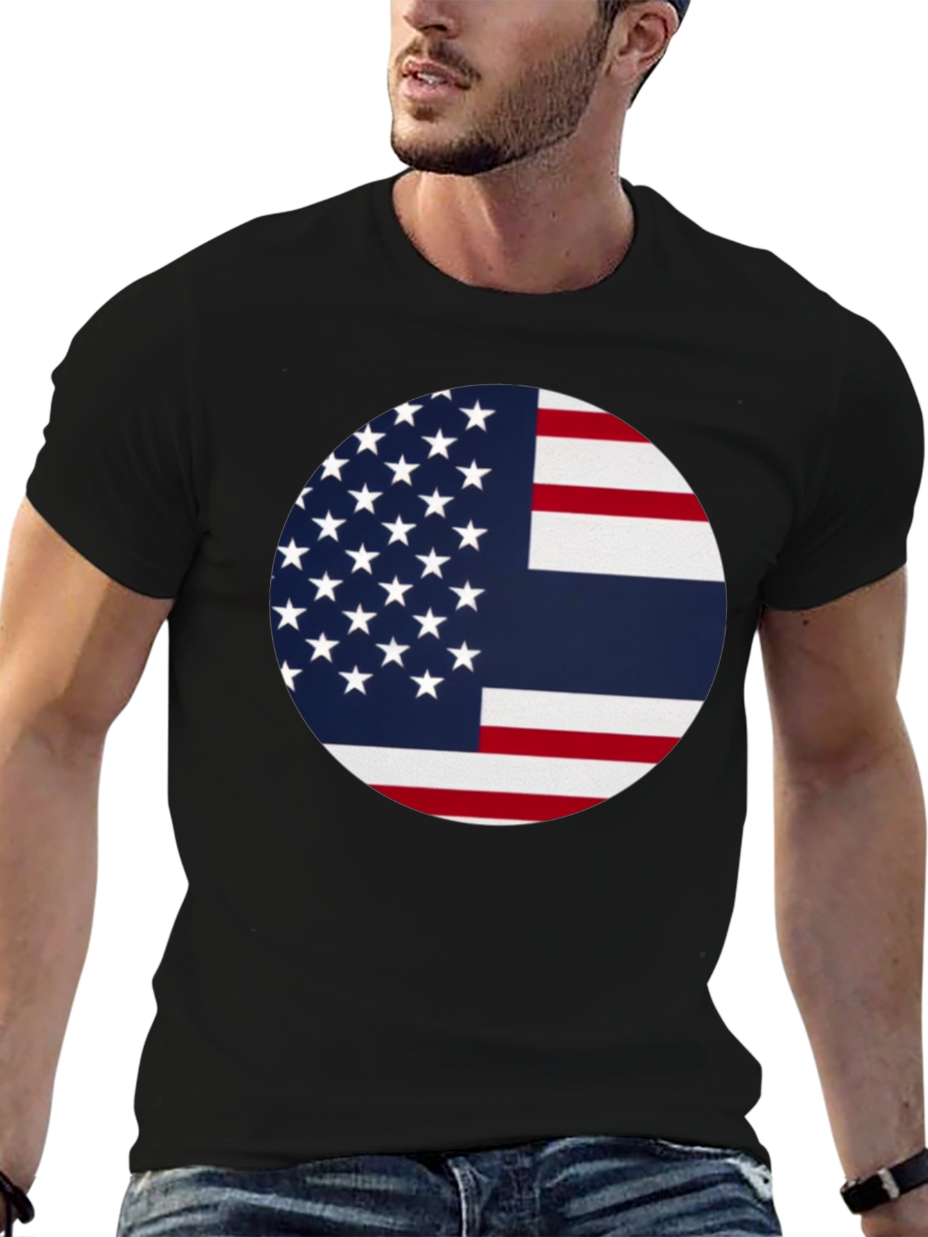 Camiseta Negra con Diseño de Bandera Combinada