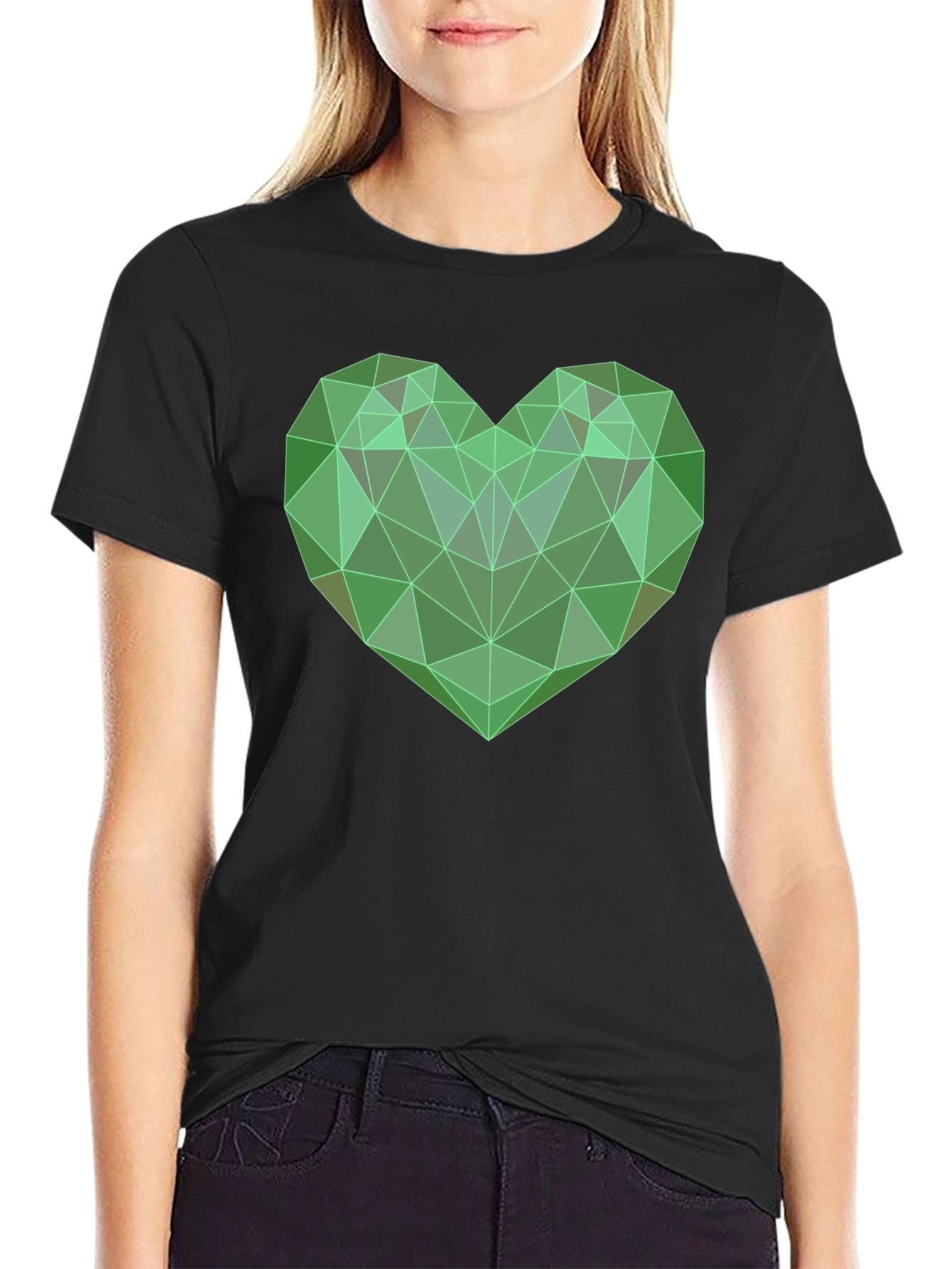 Camiseta Negra con Corazón Geométrico Verde