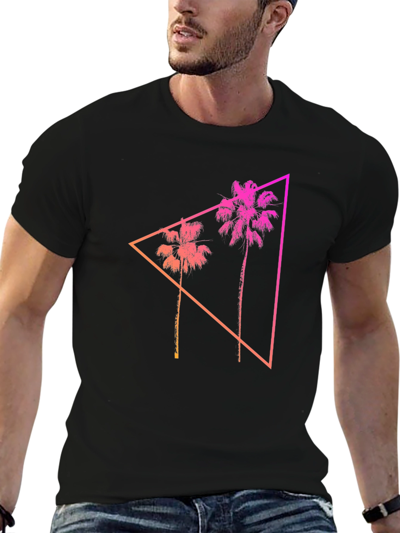 Camiseta Negra con Diseño Tropical Geométrico