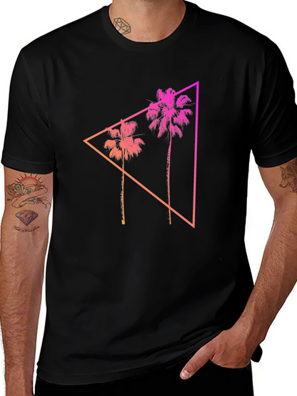 Camiseta Negra con Diseño Tropical Geométrico