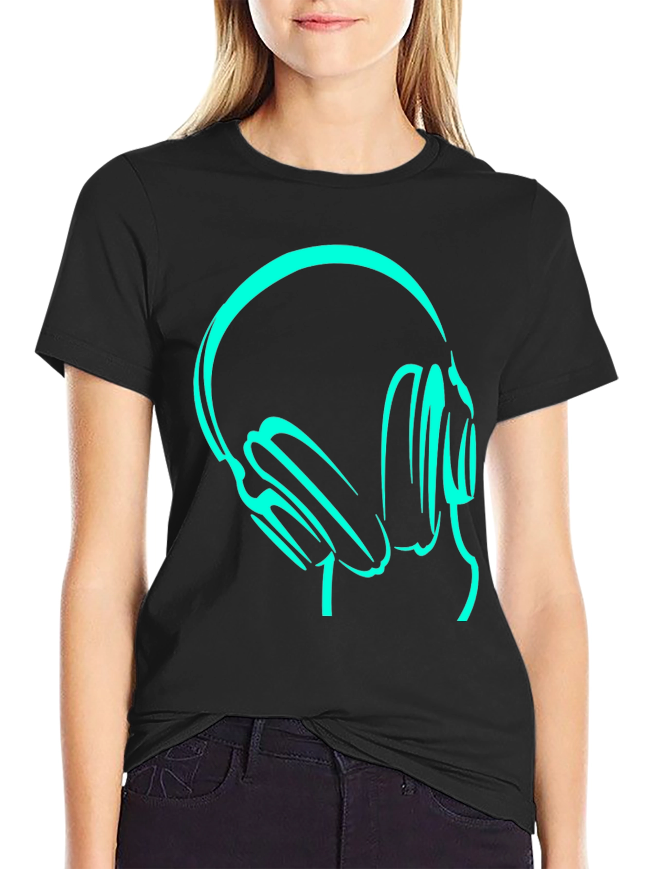 Camiseta Negra con Diseño de Audífonos Neón