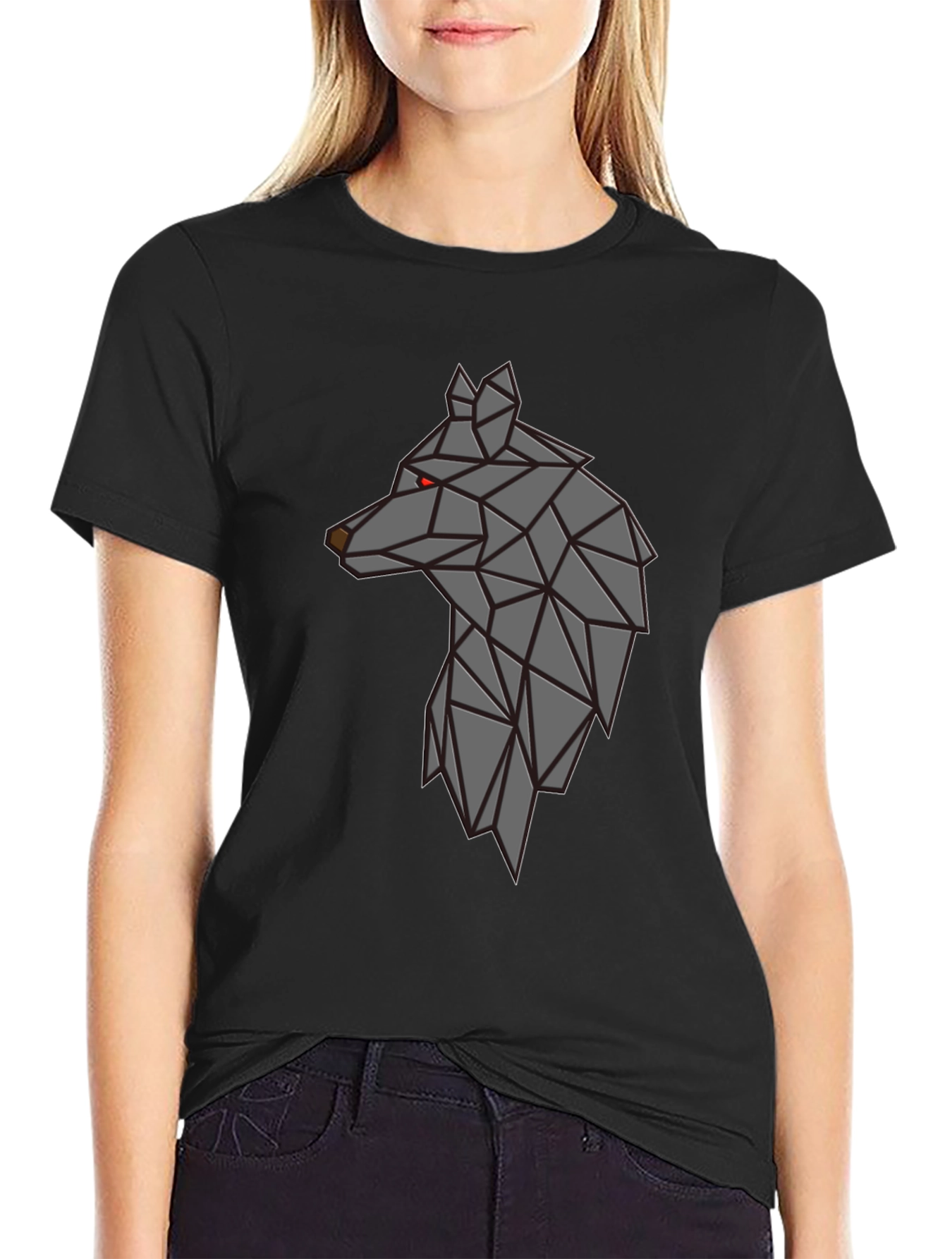 Camiseta Negra Hombre - Diseño Lobo Geométrico