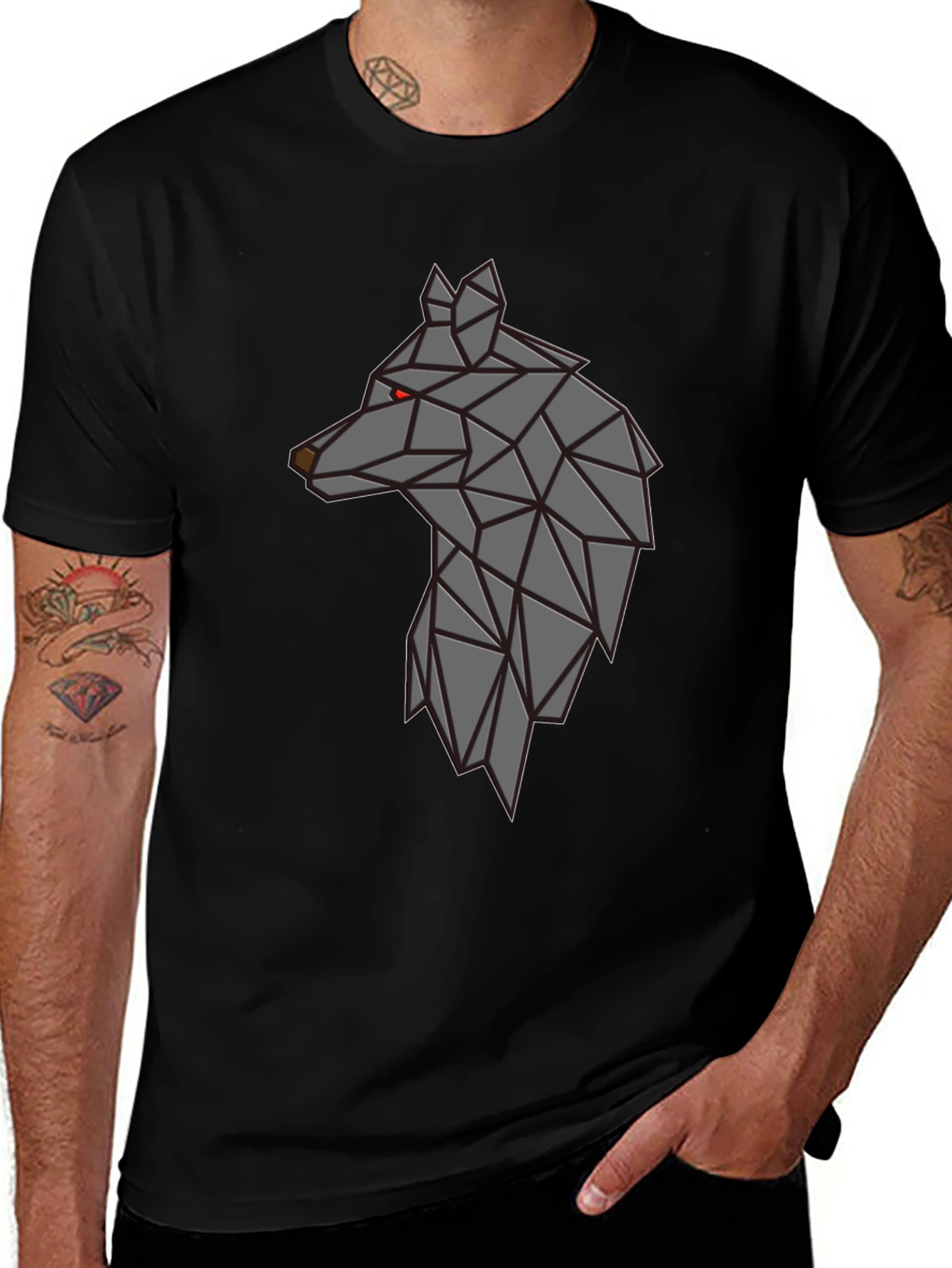 Camiseta Negra Hombre - Diseño Lobo Geométrico