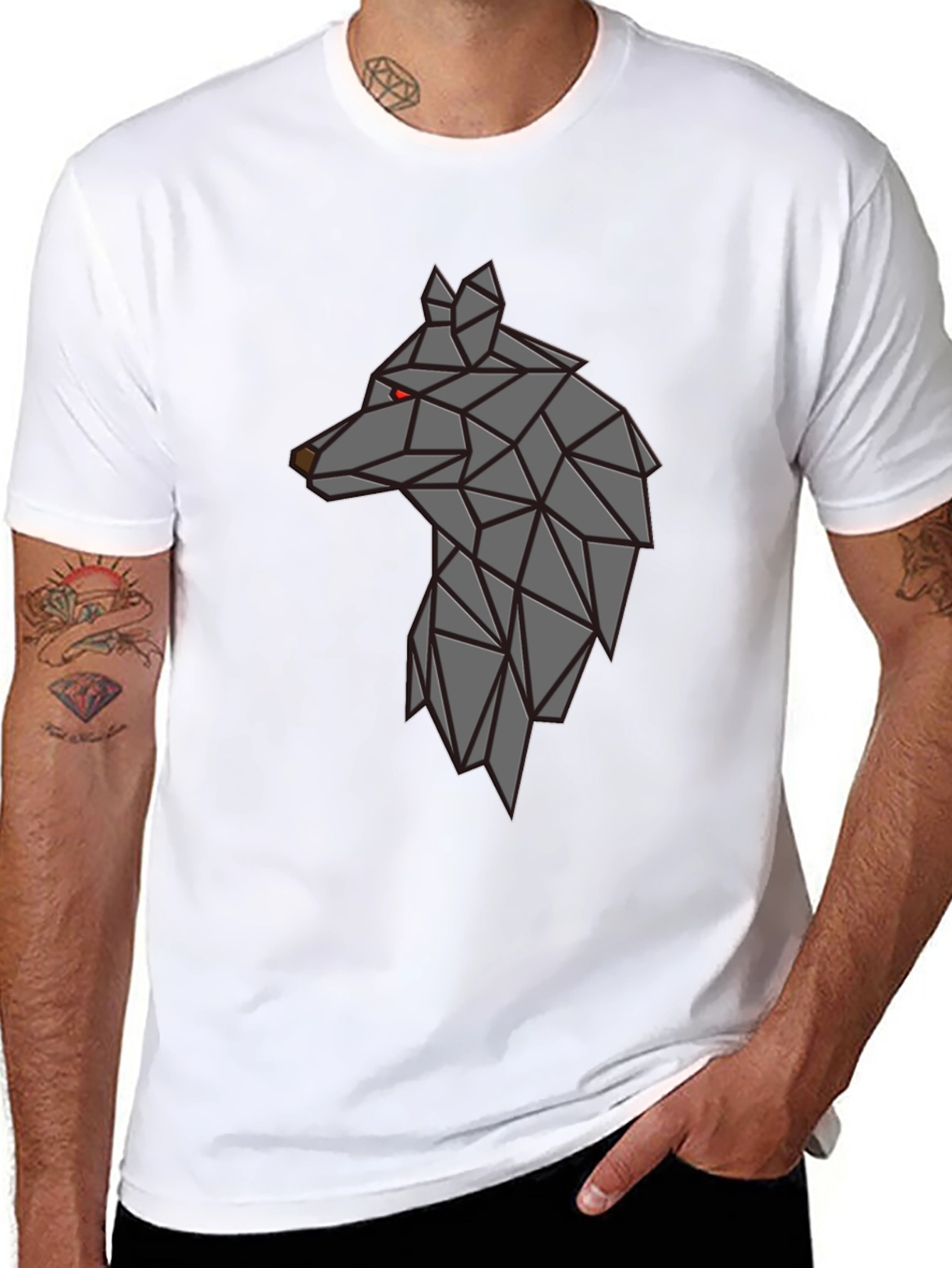 Camiseta Negra Hombre - Diseño Lobo Geométrico