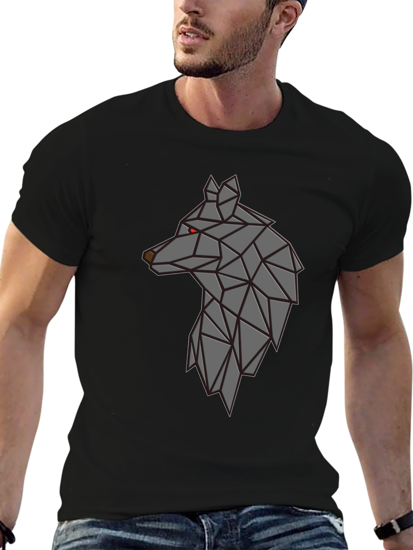 Camiseta Negra Hombre - Diseño Lobo Geométrico