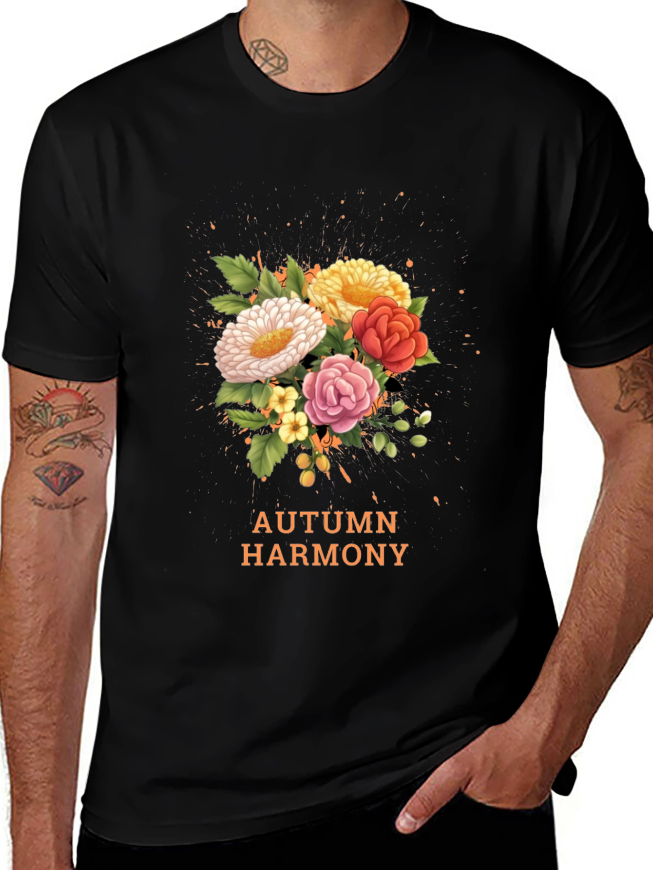 Camiseta Negra con Diseño Floral Armonía Otoñal