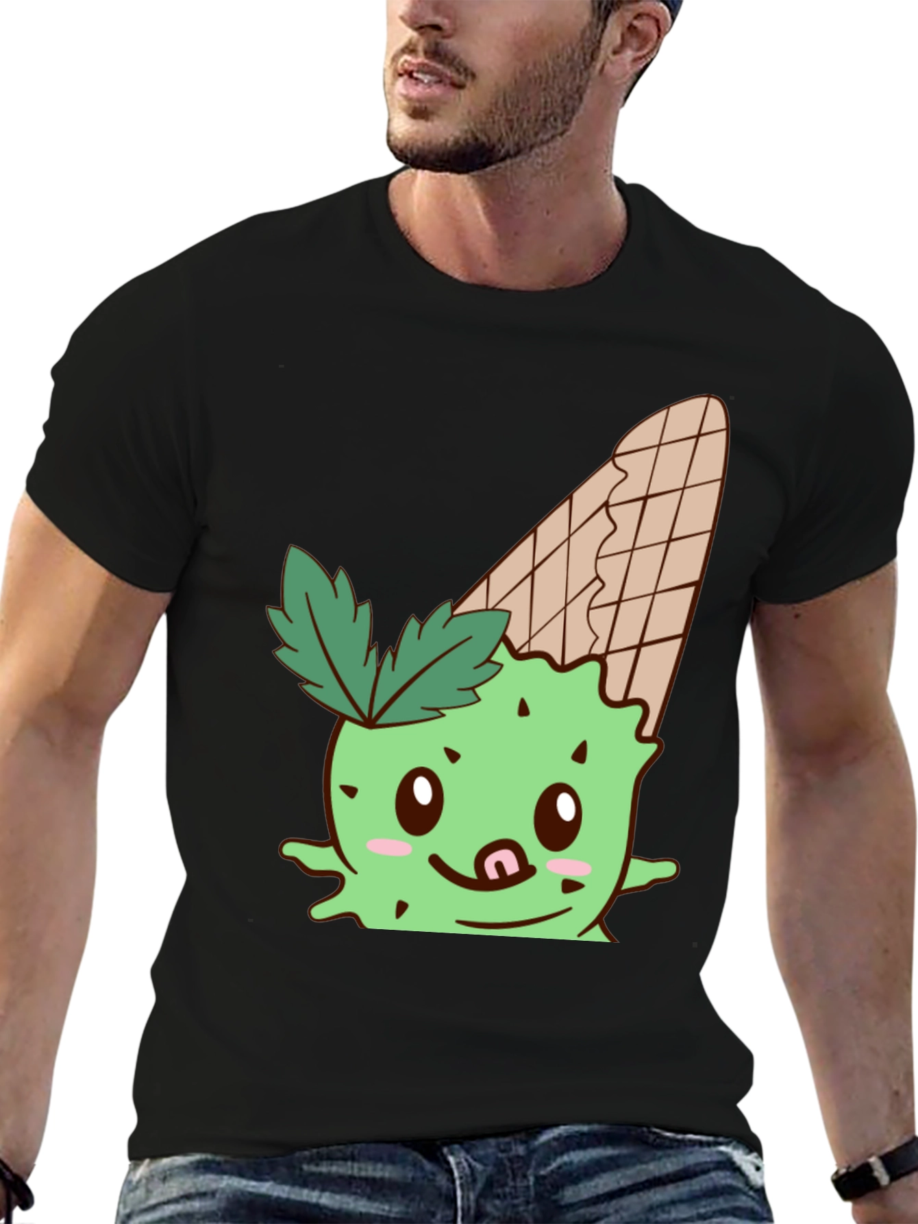 Camiseta Negra con Diseño Kawaii de Helado
