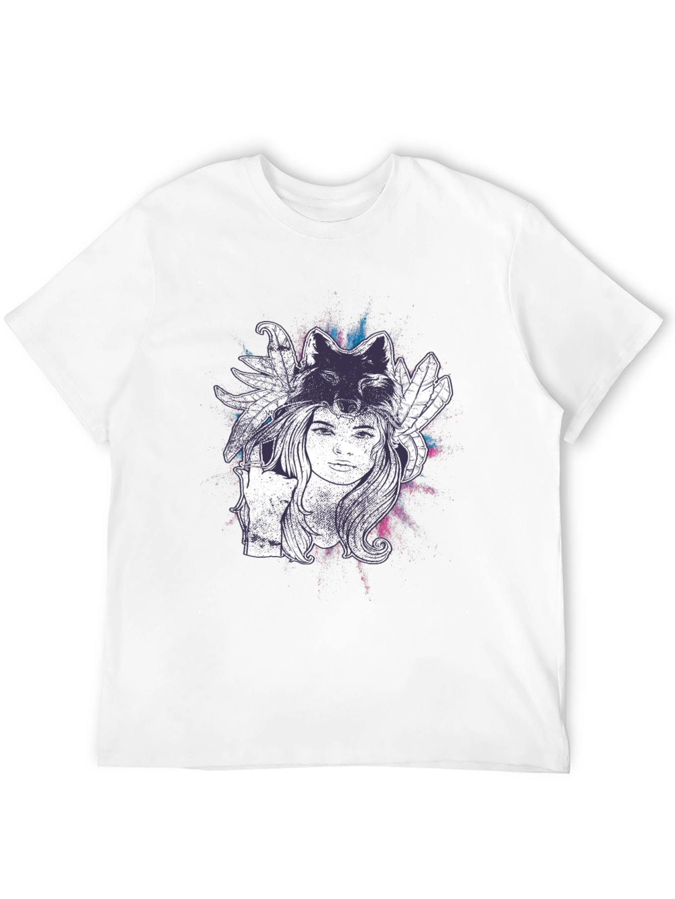 Camiseta Negra Estampada con Diseño de Loba y Plumas