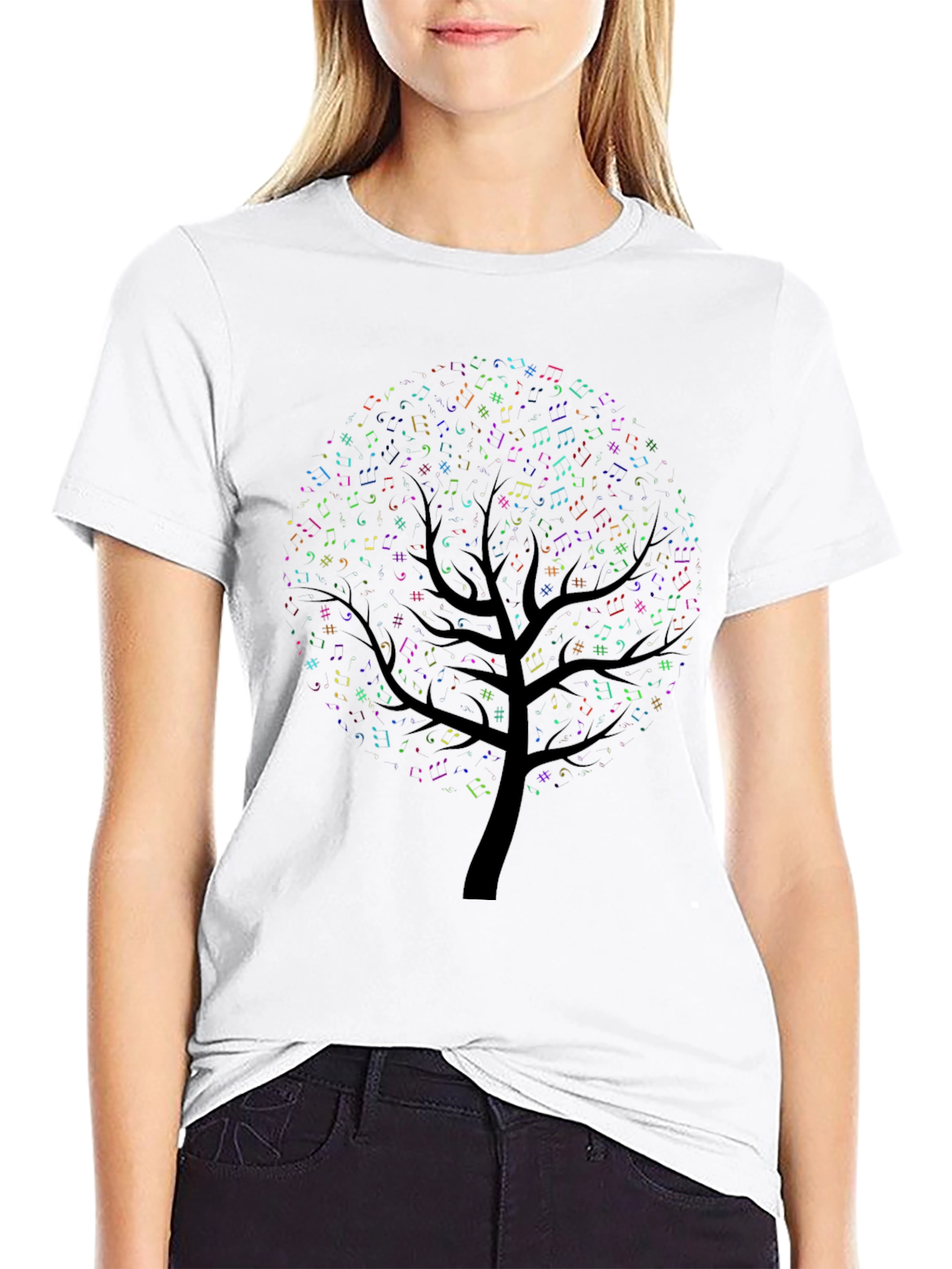 Camiseta Negra con Diseño de Árbol Musical