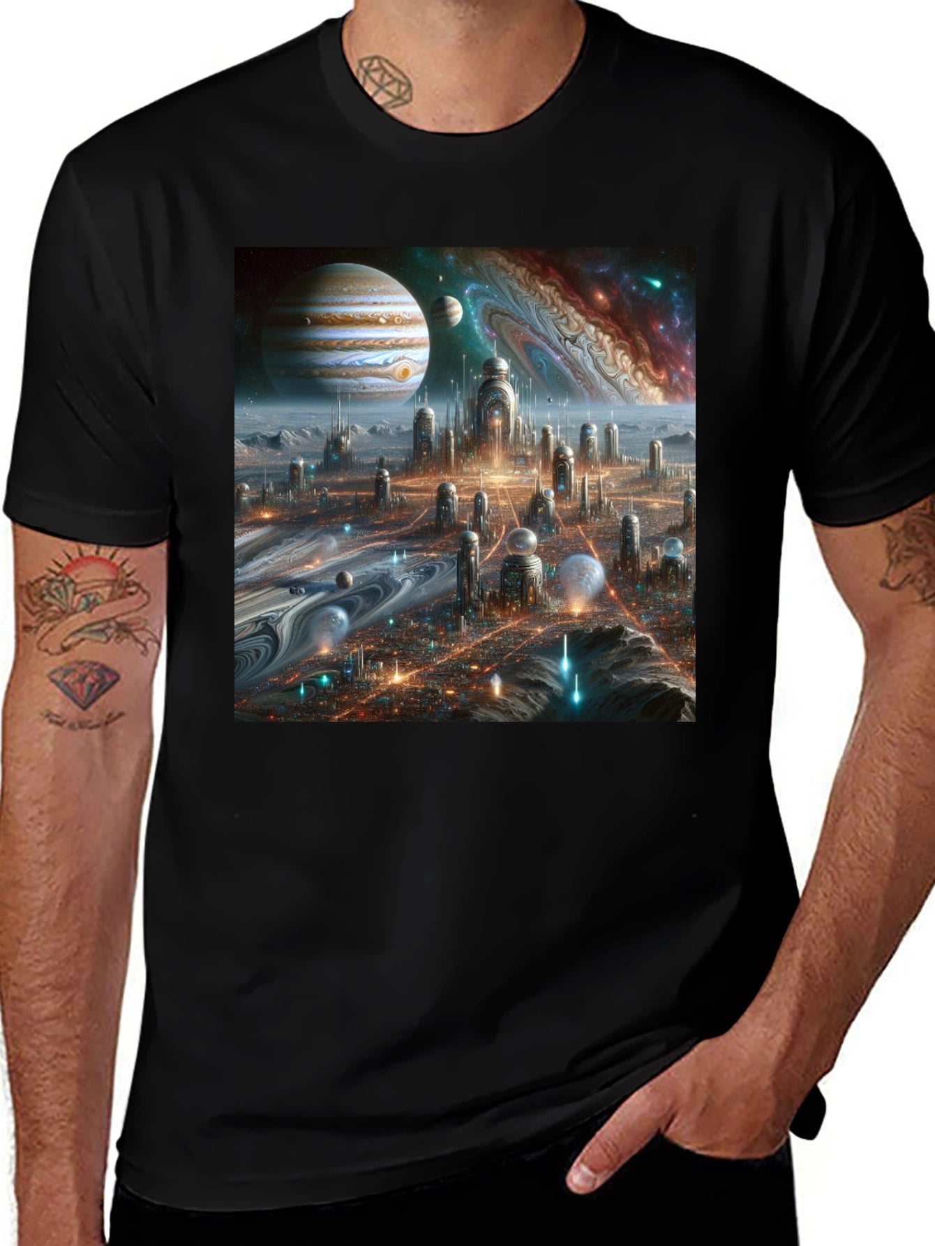 Camiseta Negra Futurista Ciudad Espacial