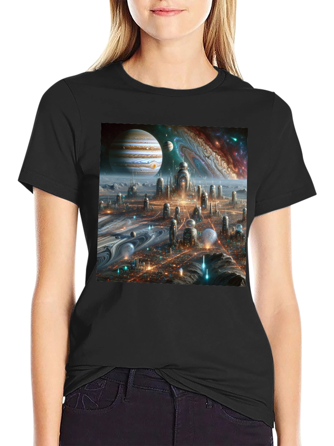 Camiseta Negra Futurista Ciudad Espacial