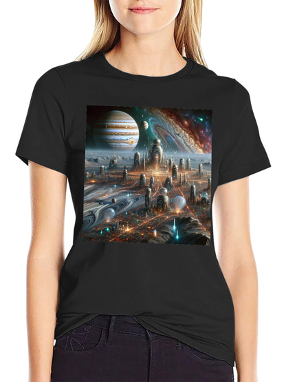 Camiseta Negra Futurista Ciudad Espacial