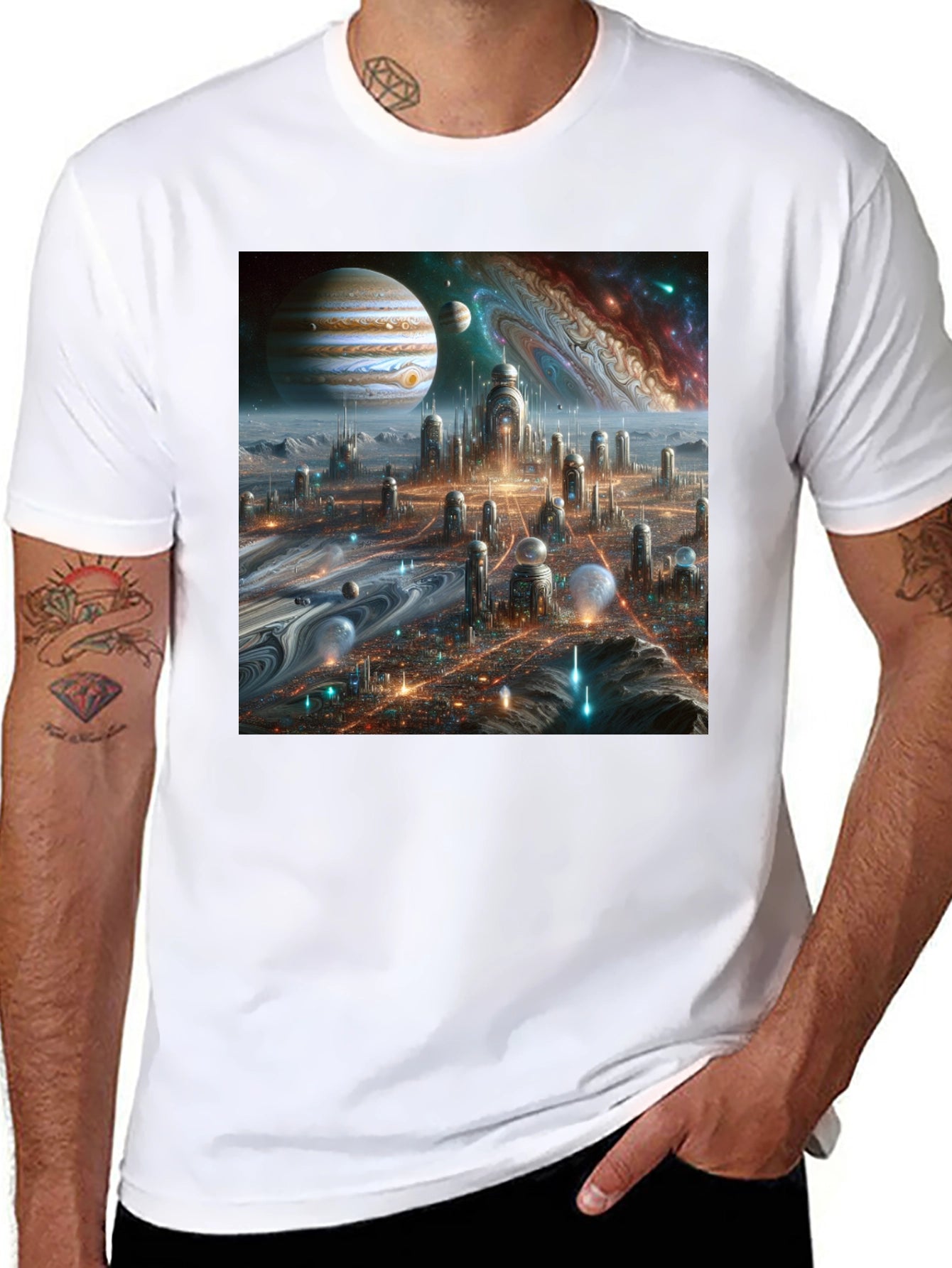 Camiseta Negra Futurista Ciudad Espacial