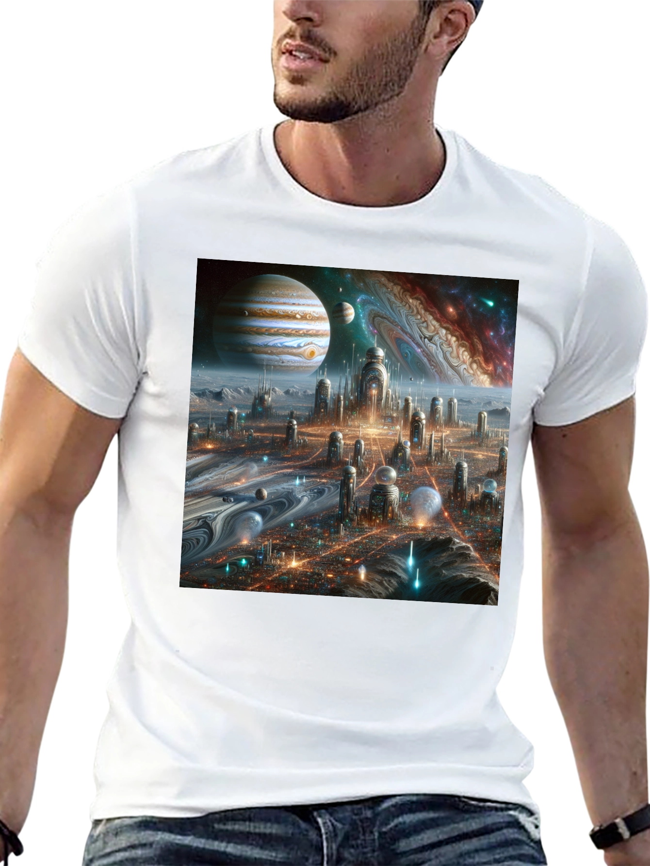 Camiseta Negra Futurista Ciudad Espacial
