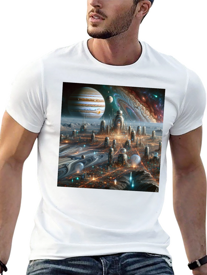 Camiseta Negra Futurista Ciudad Espacial
