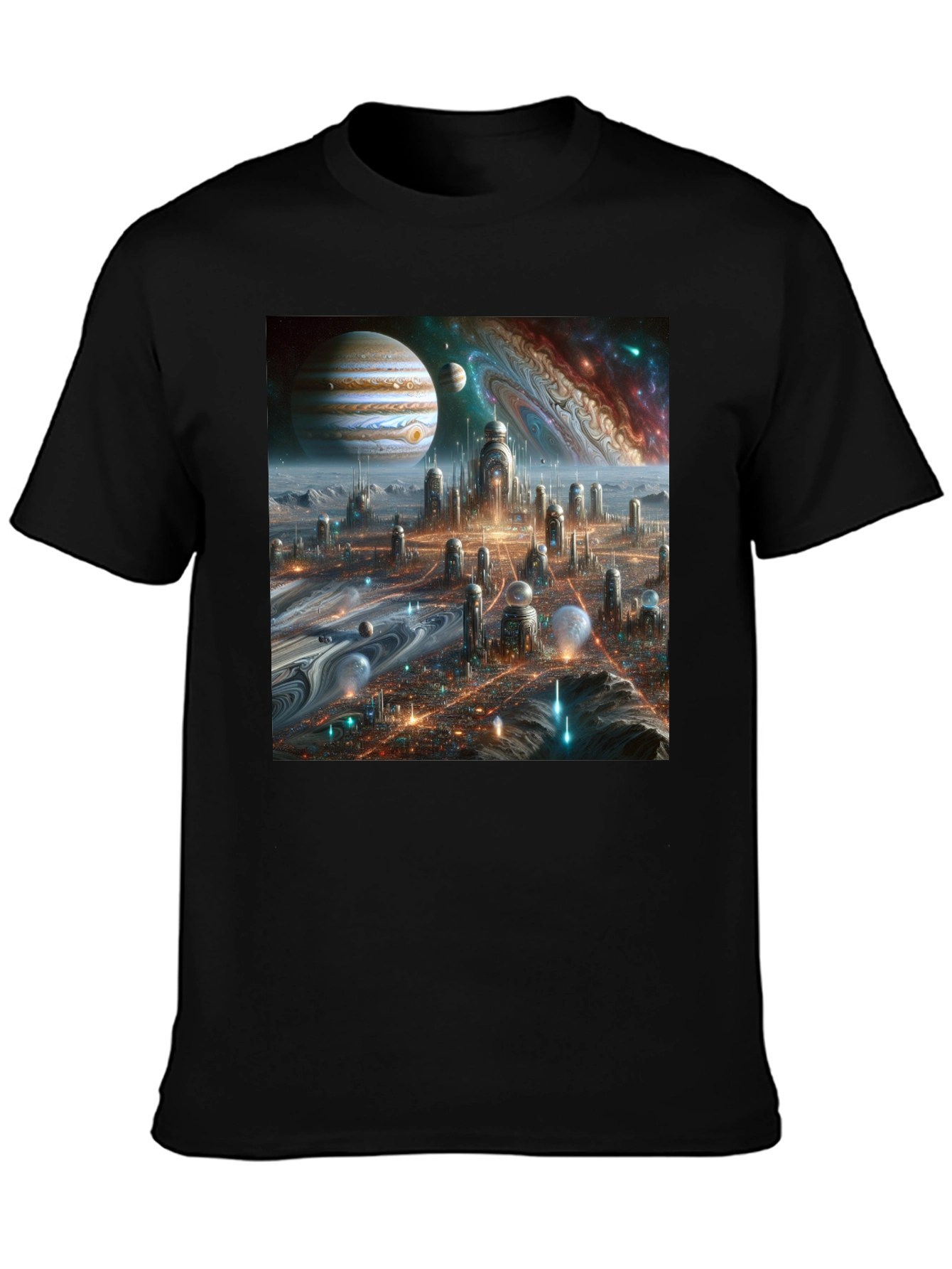 Camiseta Negra Futurista Ciudad Espacial