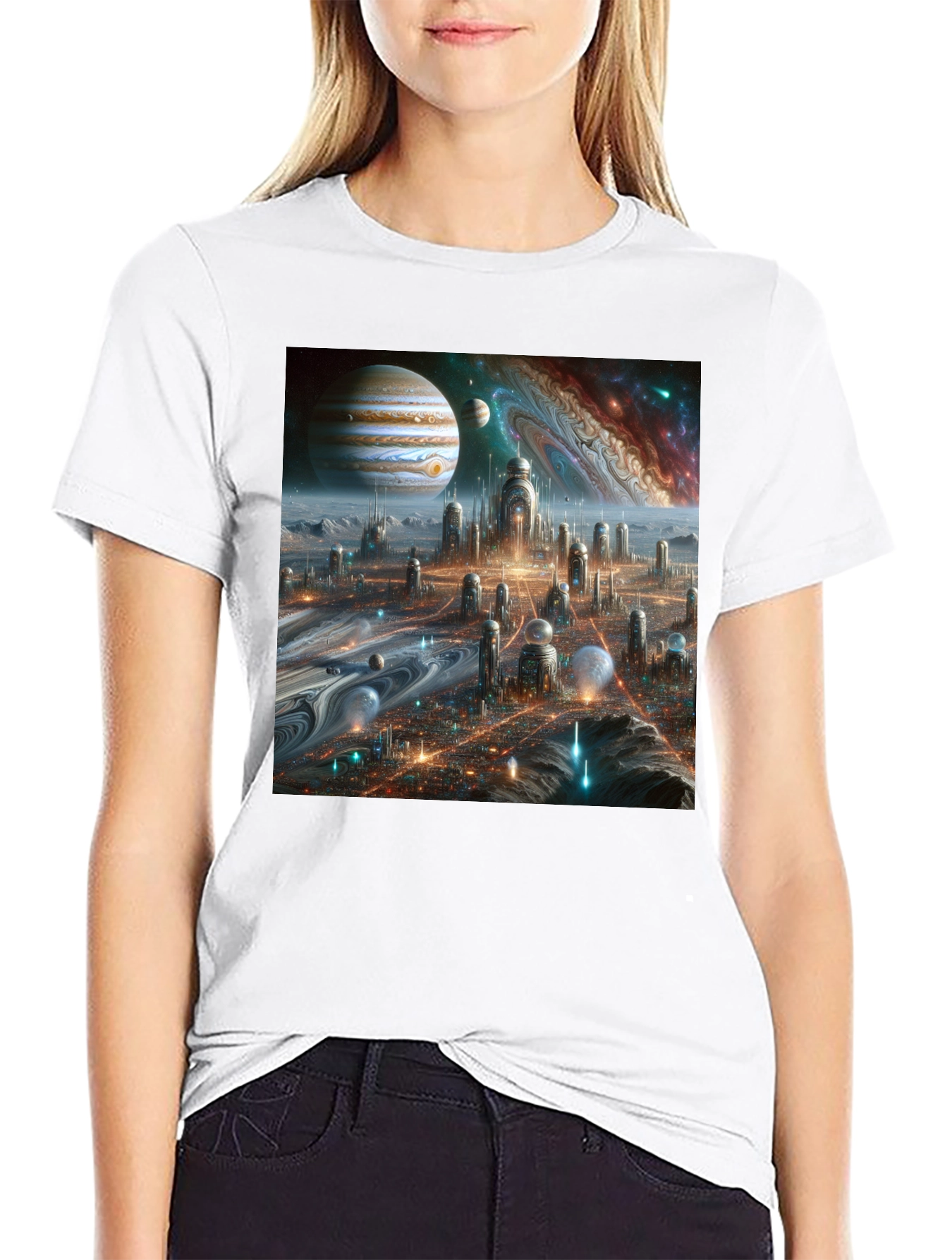 Camiseta Negra Futurista Ciudad Espacial