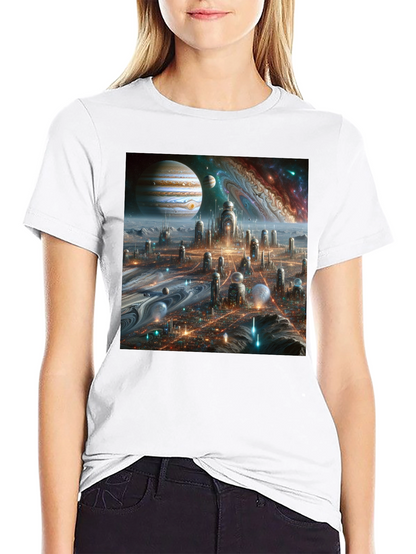 Camiseta Negra Futurista Ciudad Espacial