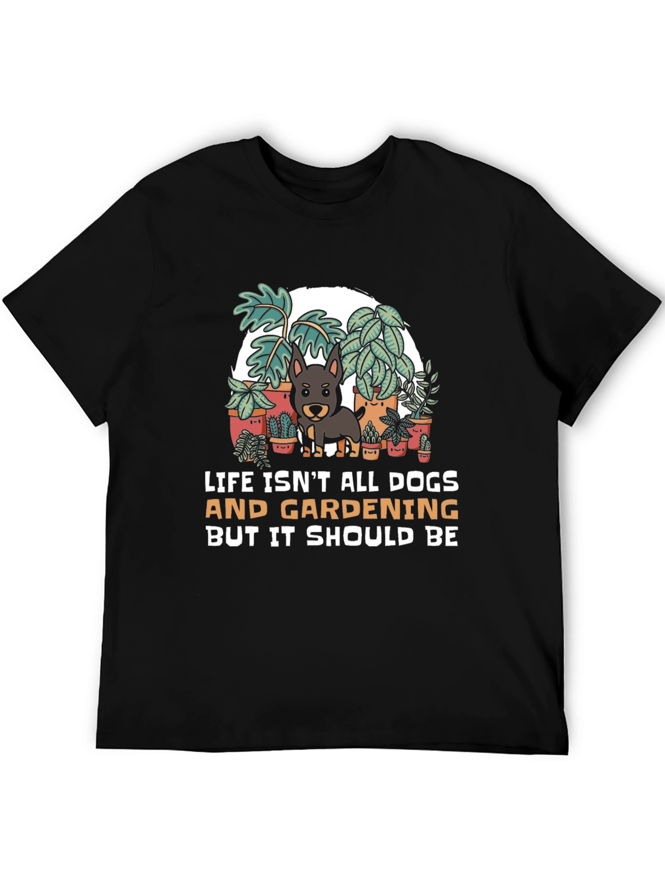 Camiseta Negra: Perros Jardinería y Humor