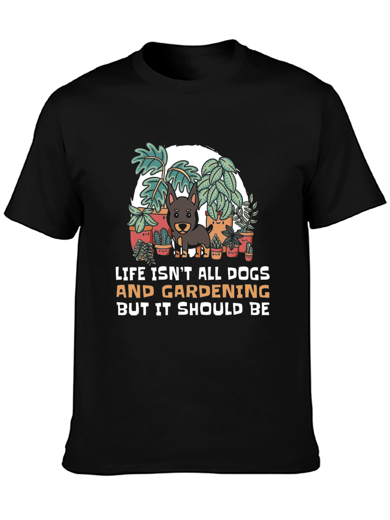 Camiseta Negra: Perros Jardinería y Humor