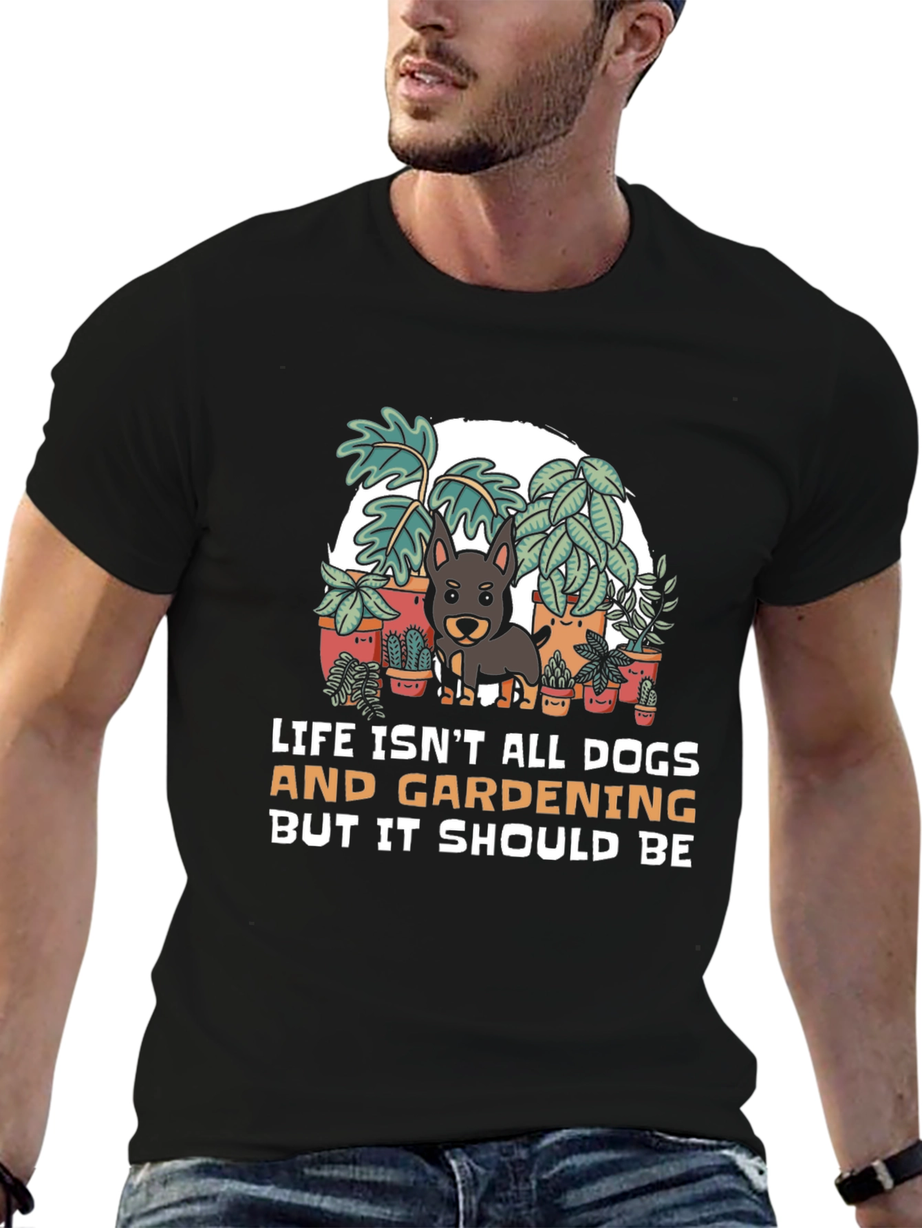 Camiseta Negra: Perros Jardinería y Humor