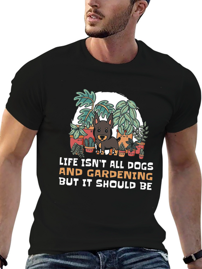 Camiseta Negra: Perros Jardinería y Humor